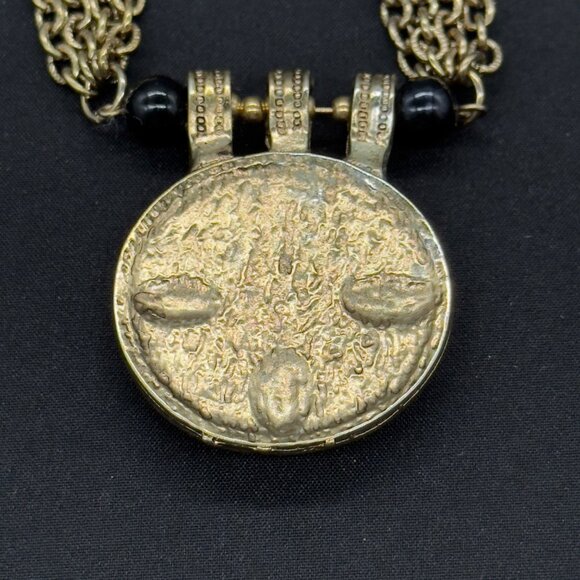 Vintage Egyptian Revival Gold Tone Chain Statement Brooch Pin Black Cabochons - Picture 6 of 14